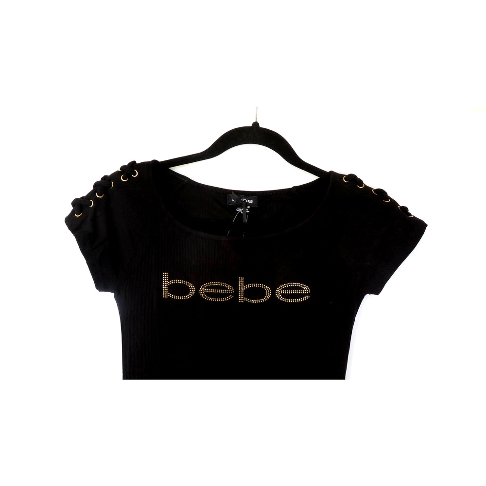 Nwt BEBE Black Logo Top Shirt w/ Gold Rhinestone Women Sz M - Picture 2 of 7